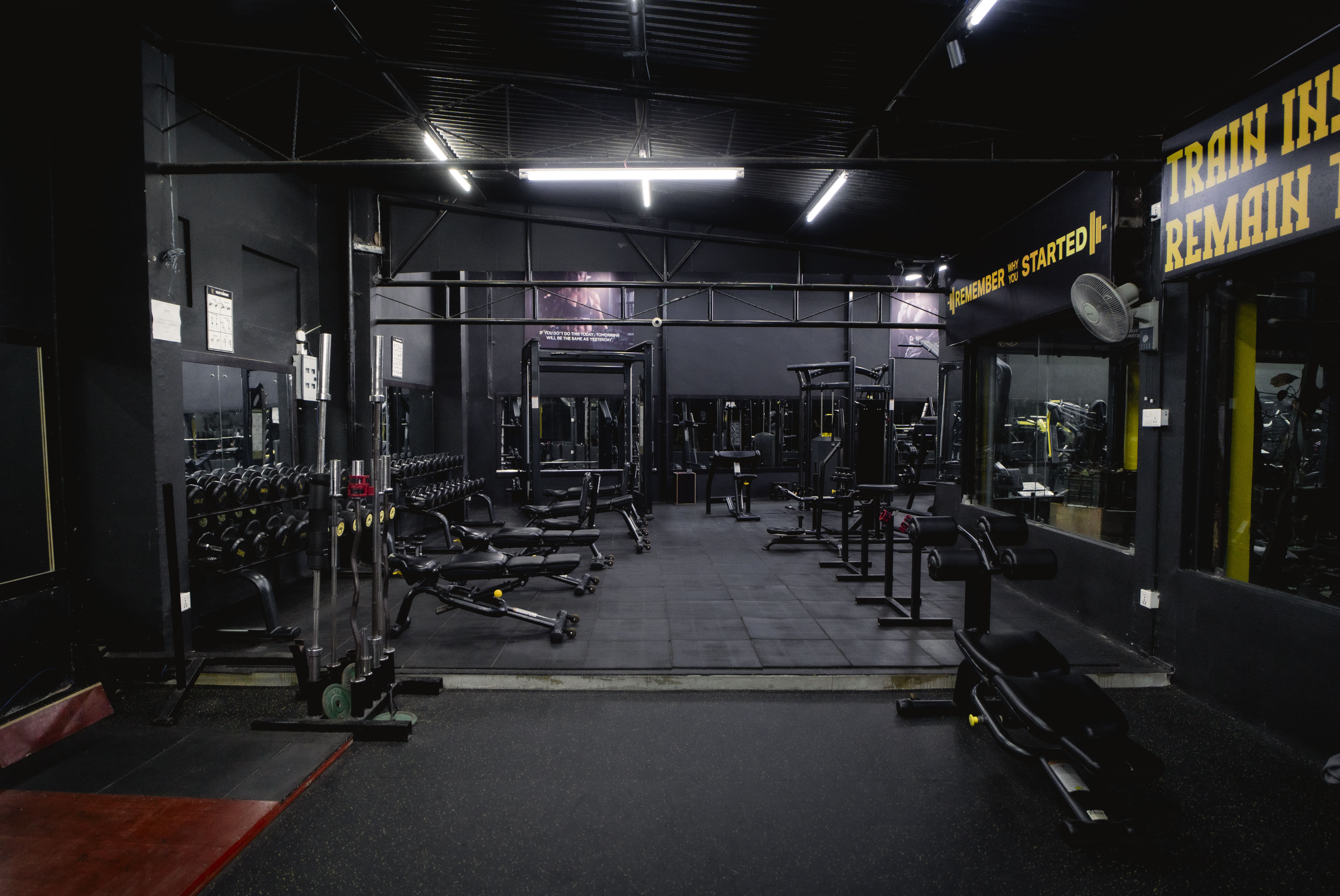 Empty gym with strength training equipment